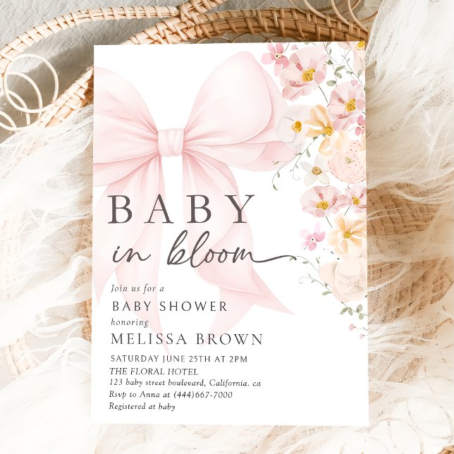 Bébé En Fleur Pink Bow Baby shower Invitation (Créateur téléchargé)