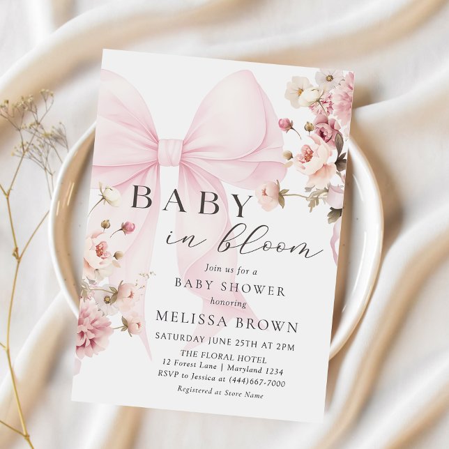 Bébé En Fleur Pink Bow Baby shower Invitation (Créateur téléchargé)