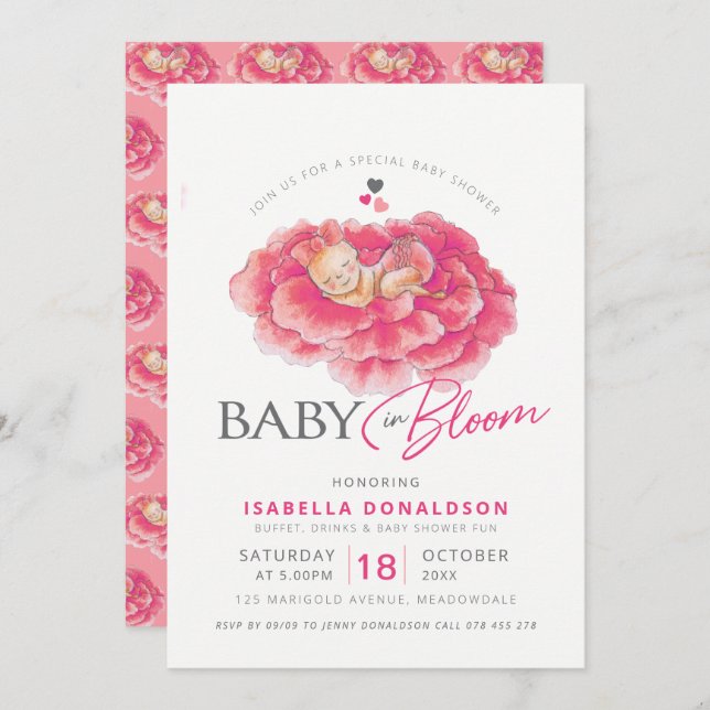 Bébé en fleur rose fleurie invitations douche bébé (Devant / Derrière)