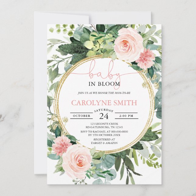 Bébé En Fleur Verdure Baby shower rose Invitation (Devant)