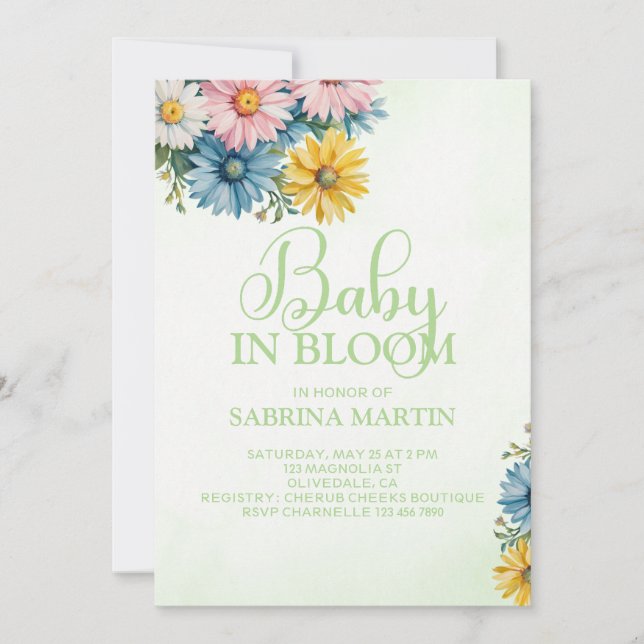 Bébé en fleurs Baby shower vert Invitation (Devant)