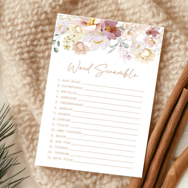 Bébé en fleurs Florals Word Scramble Jeu (Spring Wildflower Baby Shower Word Scramble Game)