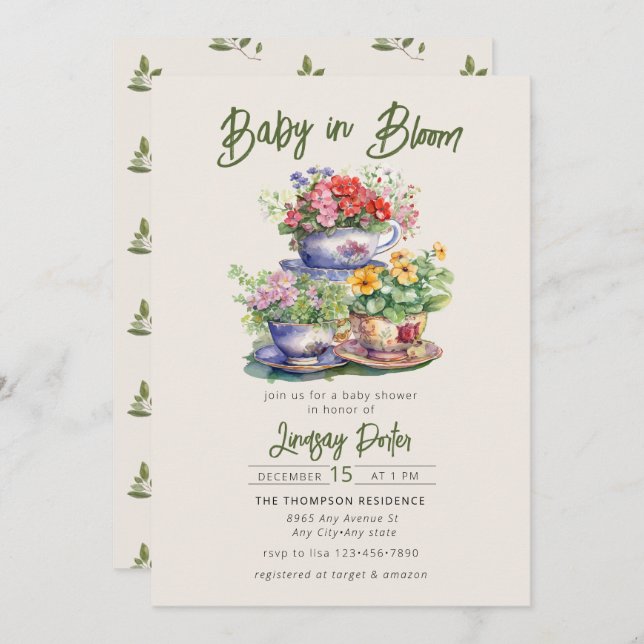 Bébé en fleurs | Invitation Baby shower aquarelle (Devant / Derrière)