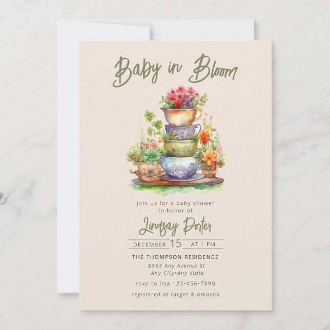 Bébé en fleurs | Invitation de baby shower aquarel (Devant)