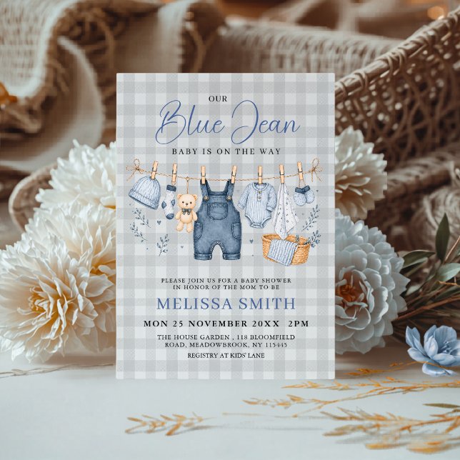 Bébé en Jean Bleu Invitation Baby Shower à Carreau (Créateur téléchargé)