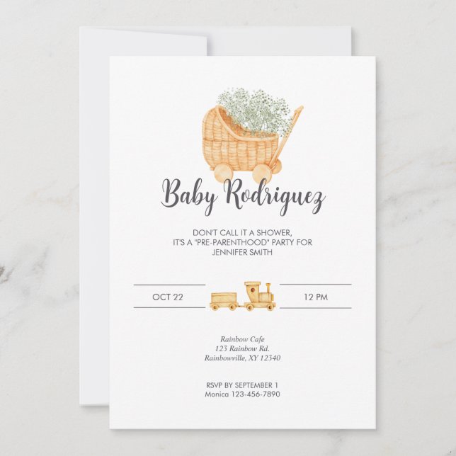Bébé en osier et en bois - Invitation grise (Devant)