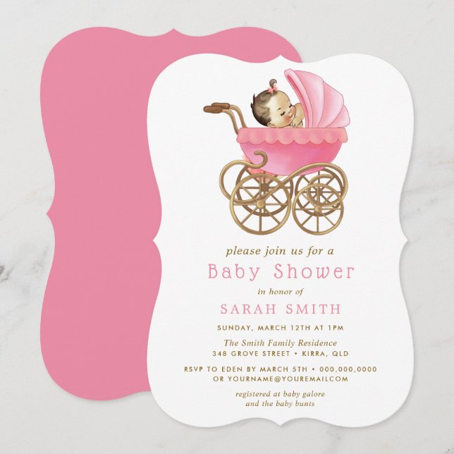 Bébé en Poussette rose Baby shower invitation (Devant / Derrière)