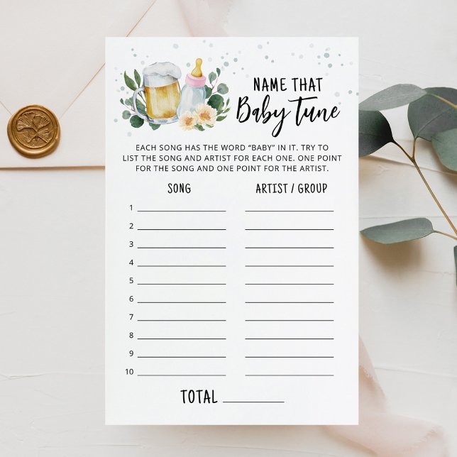 Bébé en route, trouvez le nom de cette chanson de  (Beer and Floral Baby is Brewing Baby Shower Name That Baby Tune Song Game Card)