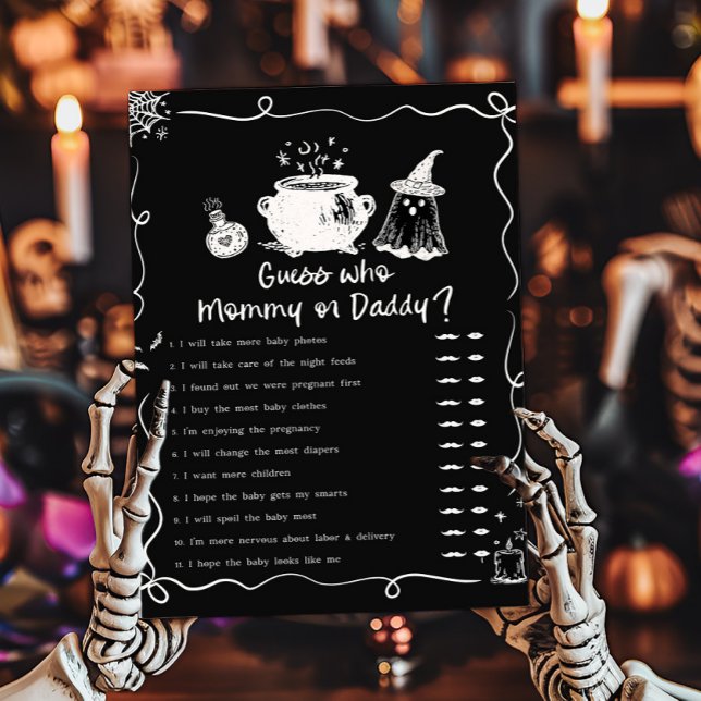 Bébé est en route pour Halloween Devinez qui est M (Hand Drawn A Baby is Brewing Baby Shower Guess who Mommy or Daddy Game)