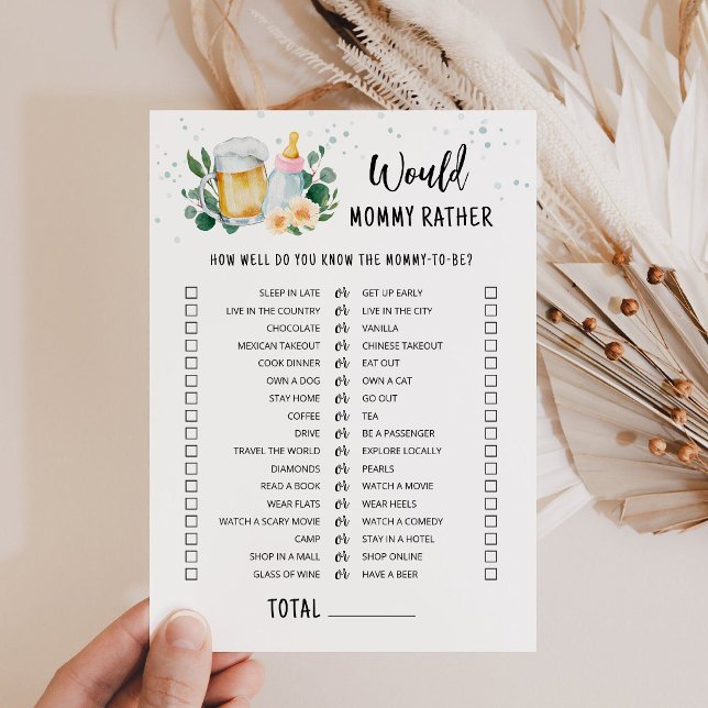 Bébé est en train de brasser La carte de jeu rose  (Beer and Floral Baby is Brewing Baby Shower Would Mommy Rather Game Card)