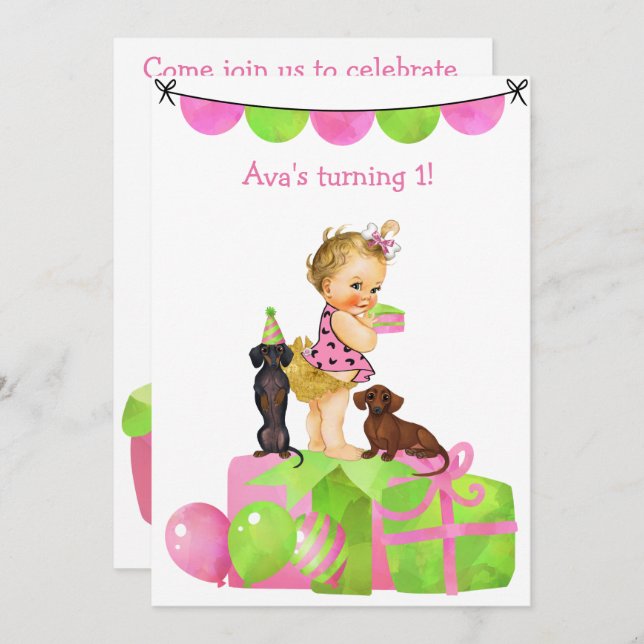 Bébé Fille Dachshund Fête Invitation (Devant / Derrière)