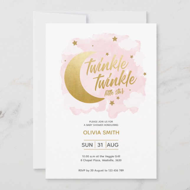 Bébé fille Invitation Baby shower avec étoiles ros (Devant)