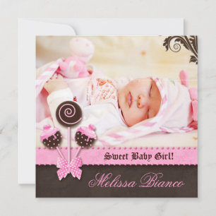 Bébé fille Invitation Faire-part gâteau Pops rose