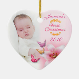Bébé fille photo première décoration de Noël rose