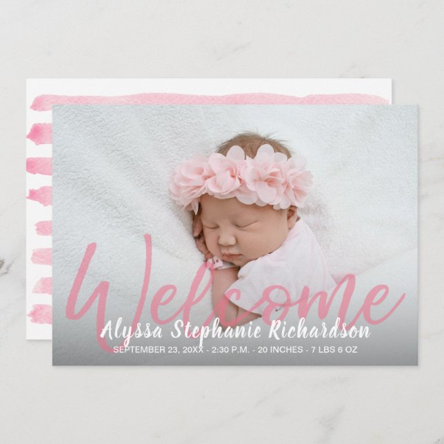Bébé fille rose 1 Faire-part de naissance de bienv (Devant / Derrière)
