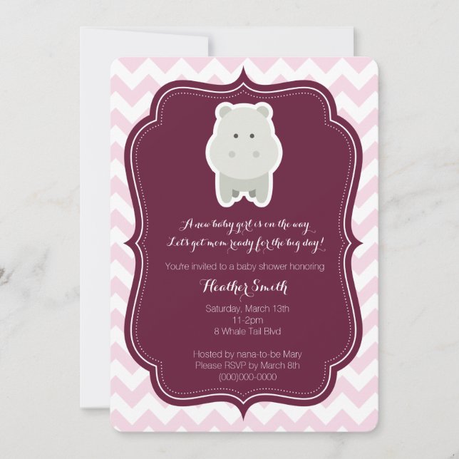 Bébé Fille rose Hippo Invitation (Devant)