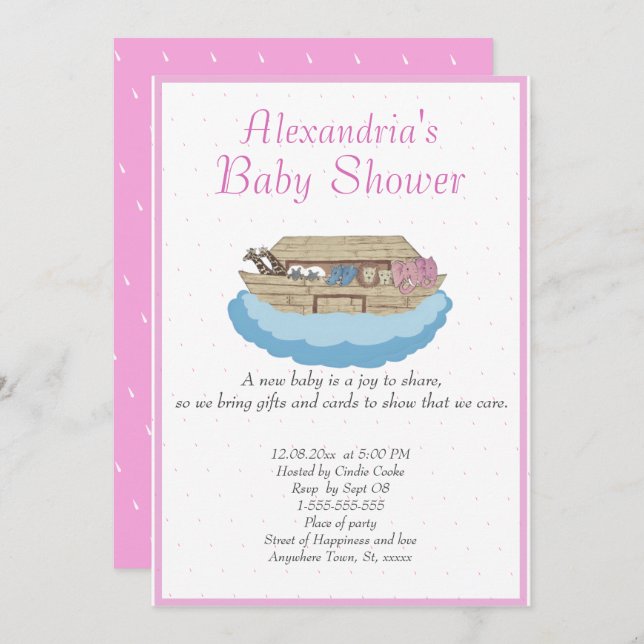 Bébé fille rose Noah's Ark Baby shower Invitation (Devant / Derrière)