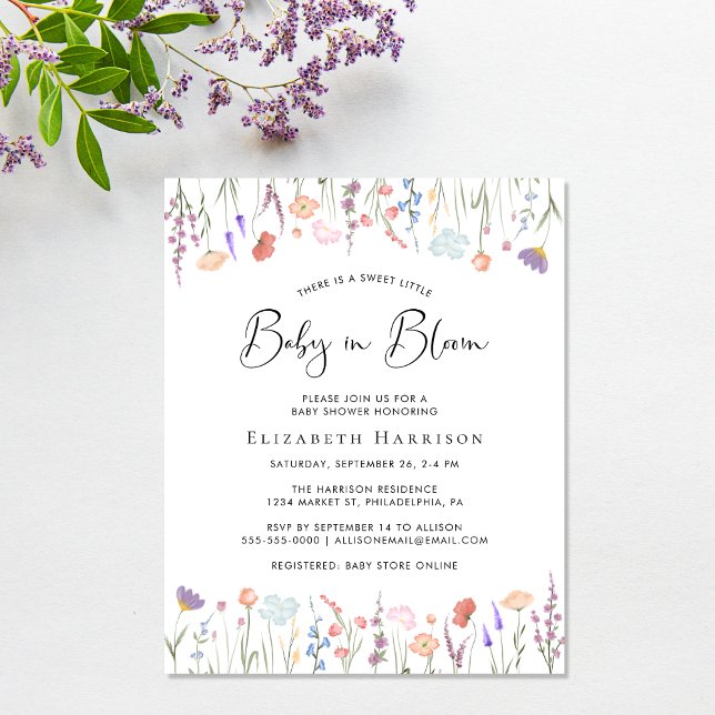 Bébé Fleur sauvage budget en fleurs Invitation dou (A sweet affordable wildflower baby shower invitation to celebrate the upcoming arrival of your baby)