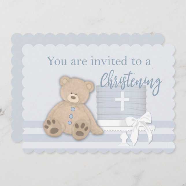 Bébé Garçon Baptême Bleu Invitation Gâteau Ours en (Devant / Derrière)