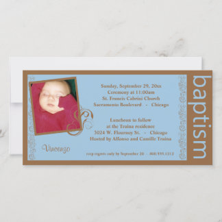 Bébé Garçon Bleu Et Baptême Brown Photo Invitation