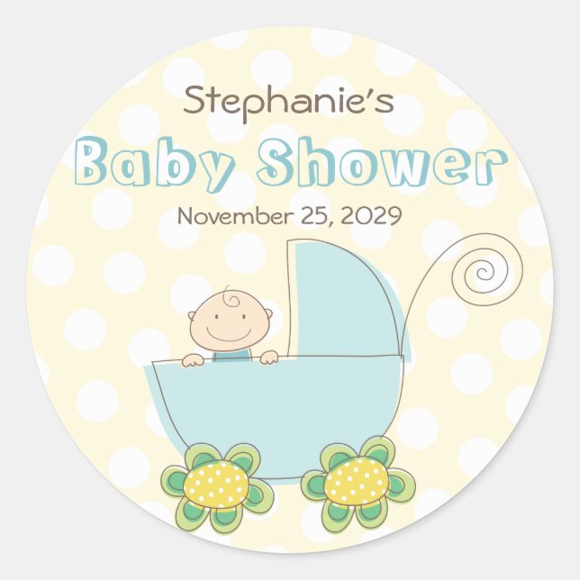 Bébé Garçon Bleu Pram Stickers Baby shower Pois (Devant)