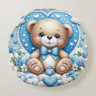 Bébé garçon bleu teddy coussin rond, décoration de