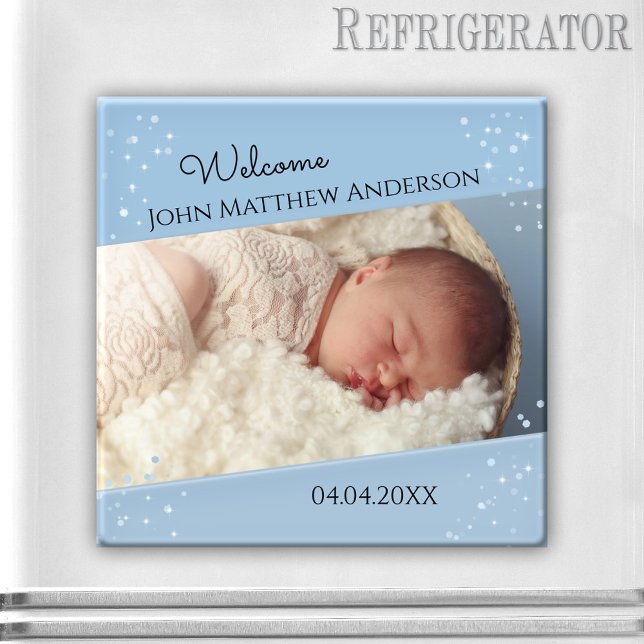 Bébé Garçon Dusty Blue scintillant Magnet photo (Elegant photo frame magnet featuring your own baby photo framed by a dusty blue sparkly design)