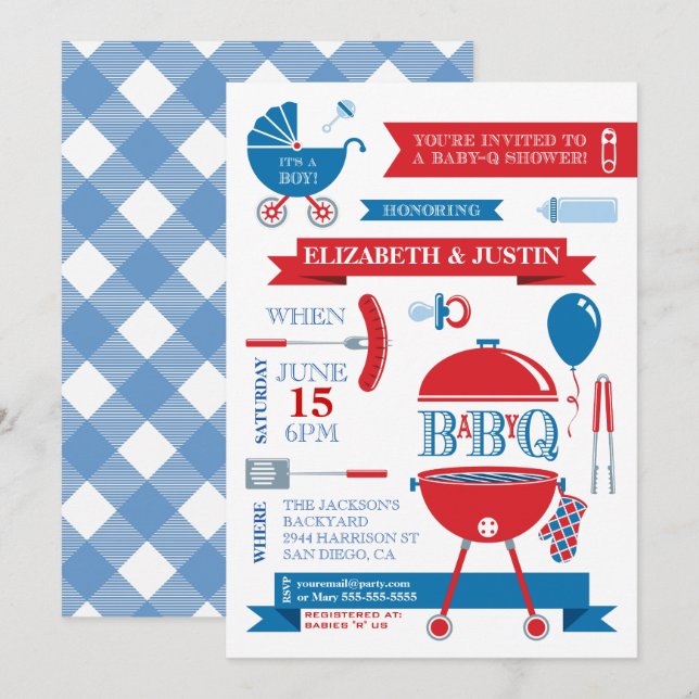 Bébé garçon - Invitation à une baby shower BBQ mod (Devant / Derrière)