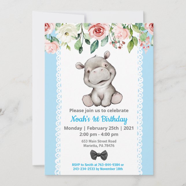 Bébé Hippo Invitation fête d'anniversaire (Devant)