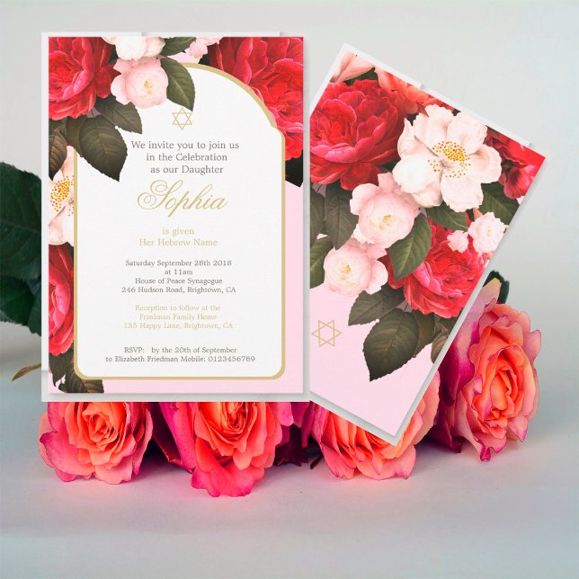 Bébé juif baptisant Floral Rose Gold Invitation (Créateur téléchargé)