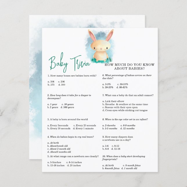Bébé lapin Trivia | Jeu Baby shower (Devant / Derrière)
