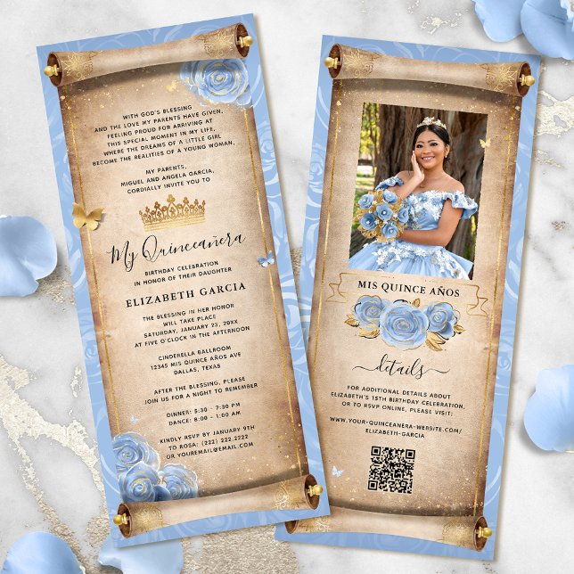 Bébé léger bleu or Quince Scroll carte d'invitatio (Elegant light baby blue and gold quinceanera scroll invitation cards for a fairytale birthday party.)