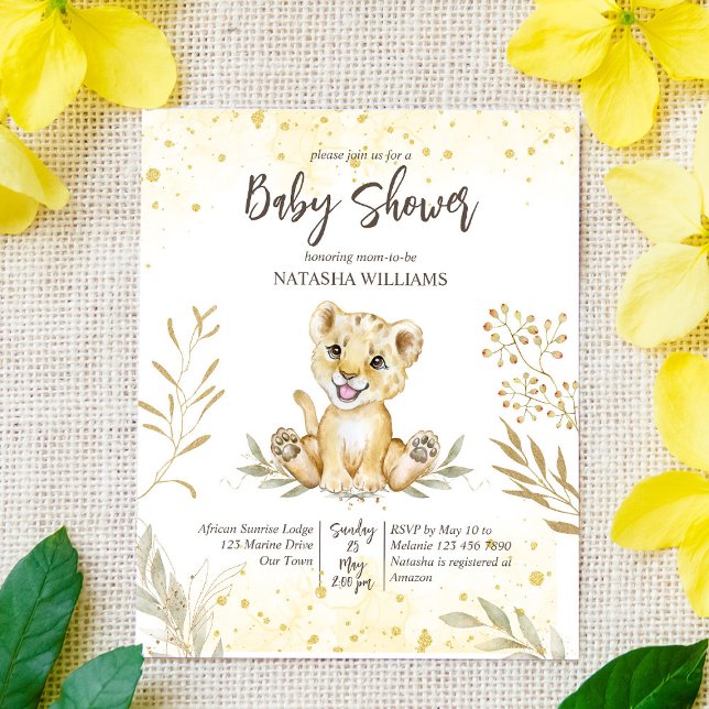 Bébé lion or brun baby shower budget invitation (Créateur téléchargé)