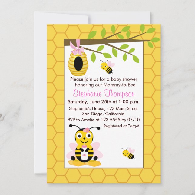 Bébé mignon Bumblebee Fille Bébé Douche Invitation (Devant)