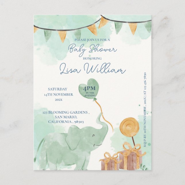 Bébé mignon éléphant Baby shower Invitation (Devant)