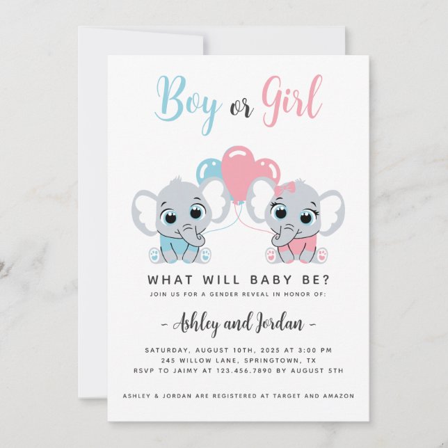 Bébé mignon éléphant Genre Révéler Invitation (Devant)