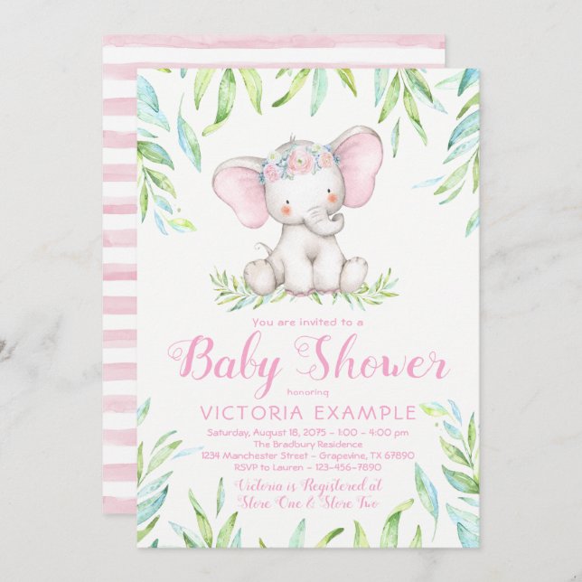 Bébé mignon fille éléphant bébé douche Invitations (Devant / Derrière)