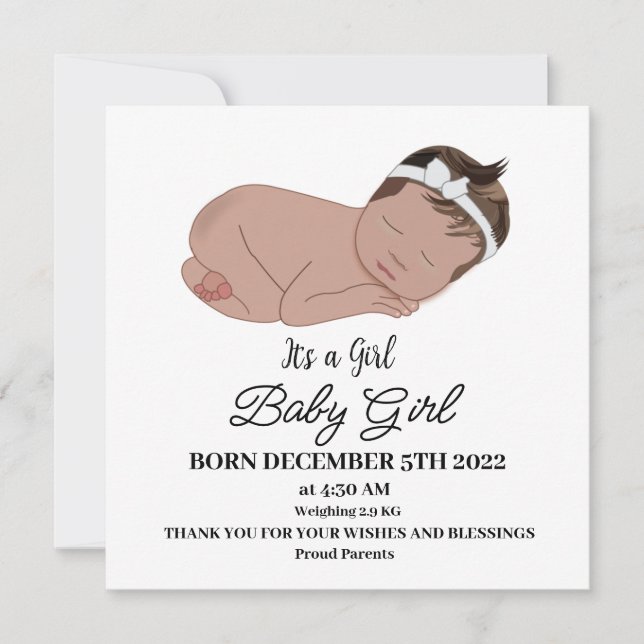 Bébé mignon fille Faire-part de naissance (Devant)