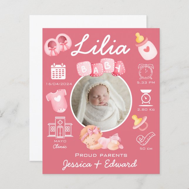 Bébé mignon Fille Naissance Statistiques Rose Nouv (Devant / Derrière)