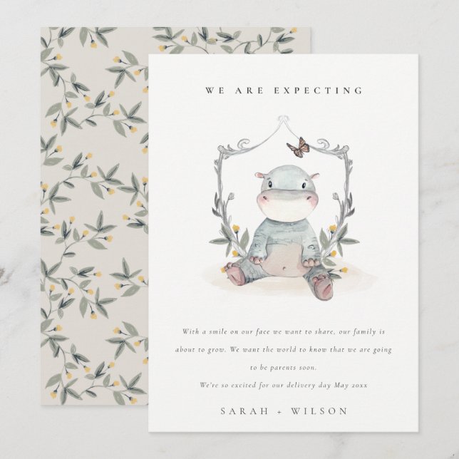 Bébé mignon Hippo Foliage Balloon Bébé Faire-part (Devant / Derrière)