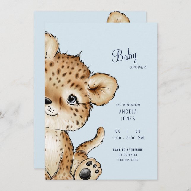 Bébé mignon Leopard Baby shower Invitation (Devant / Derrière)
