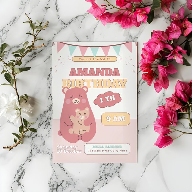 Bébé mignon ours 1er anniversaire Invitation (Créateur téléchargé)
