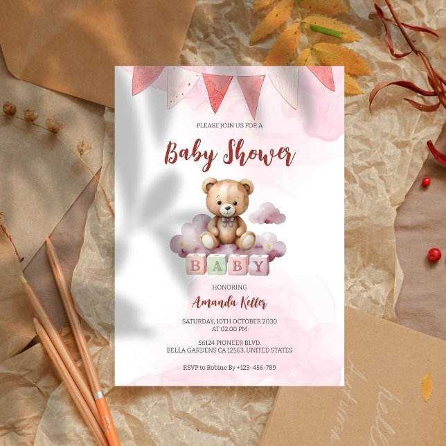 Bébé mignon Ours Aquarelle Baby shower Invitation (Créateur téléchargé)