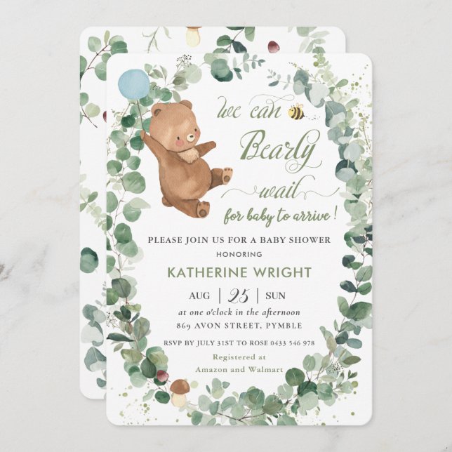 Bébé mignon Ours vert Boy Baby shower Invitation (Devant / Derrière)