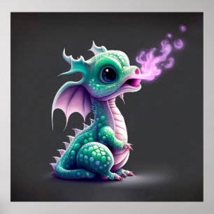 Bébé mignon poster du dragon respirant le feu