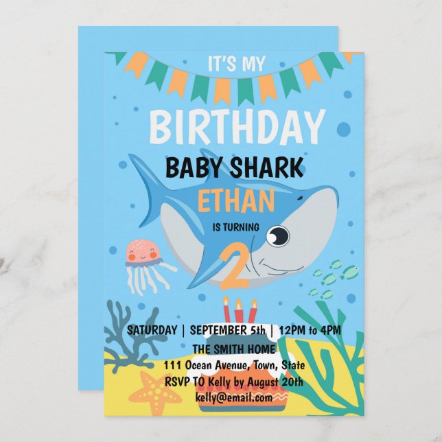 Bébé mignon requin Anniversaire Fête Invitation (Devant / Derrière)