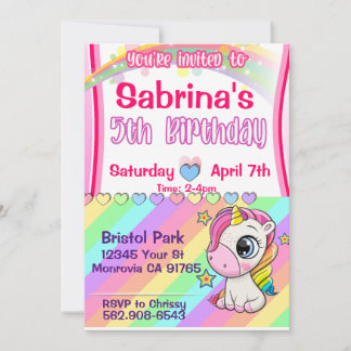 Bébé mignon Unicorn5e anniversaire invitation