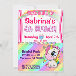 Bébé mignon Unicorn 4ème anniversaire invitation