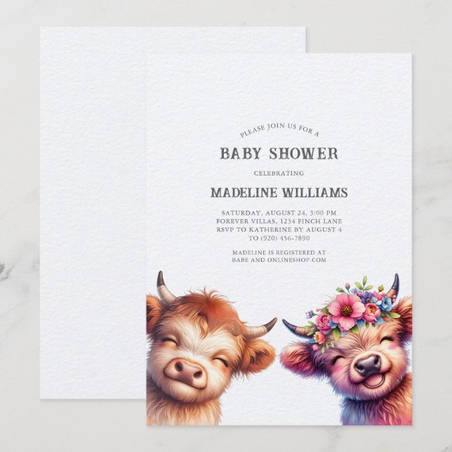 Bébé mignon vaches Highland Baby shower Invitation (Devant / Derrière)