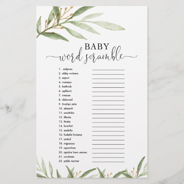 Bébé mot scramble baby shower jeu or verdure (Devant)